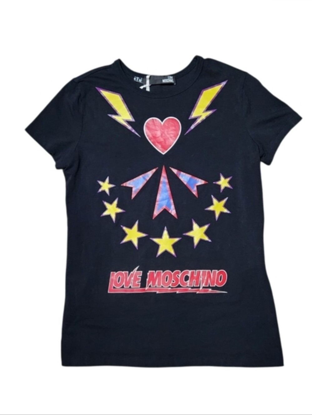 Love Moschino Black Graffic Tee Shirt Short Sleeve Size 6 Medium Cotton